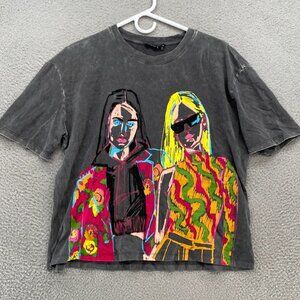Zara Graphic Tee Womens Small Cartoon Girls Boxy Relaxed Art to Wear Portrait